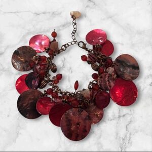 Statement Shell Charm Bracelet – Red & Copper Tone Dangly Boho Bracelet